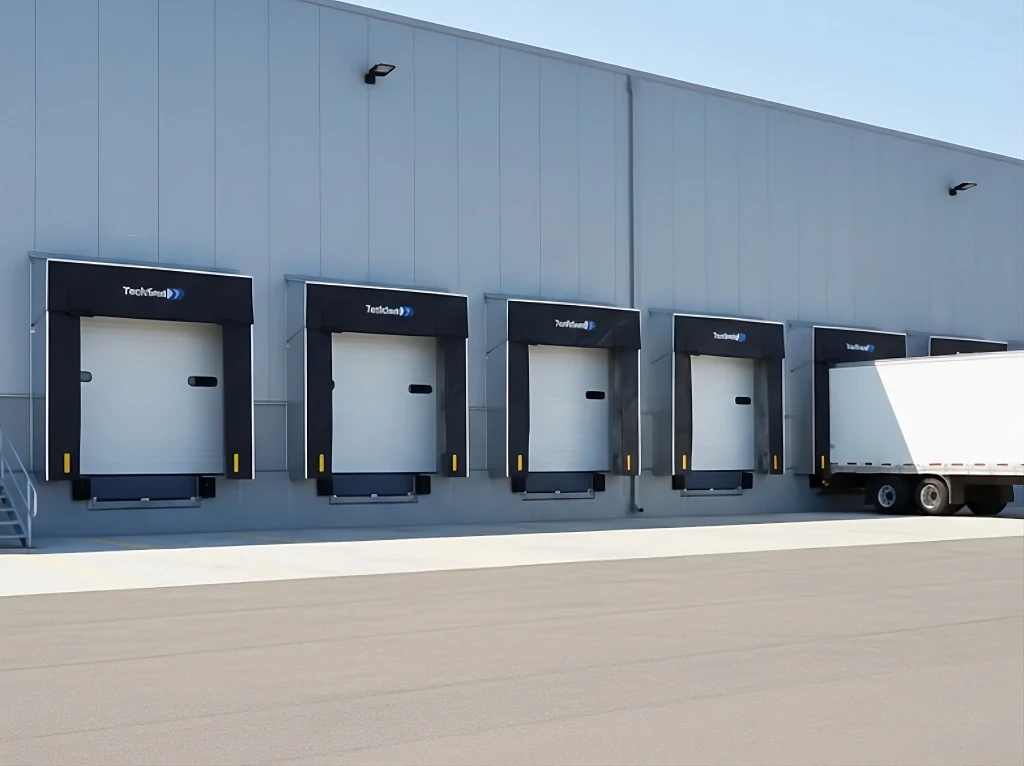 Fondo industrial de shelters para andén en operación logística